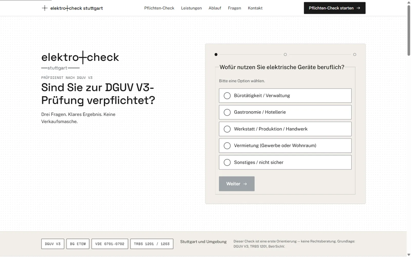 ElektroCheck Stuttgart, Startseite, erster Bildschirm